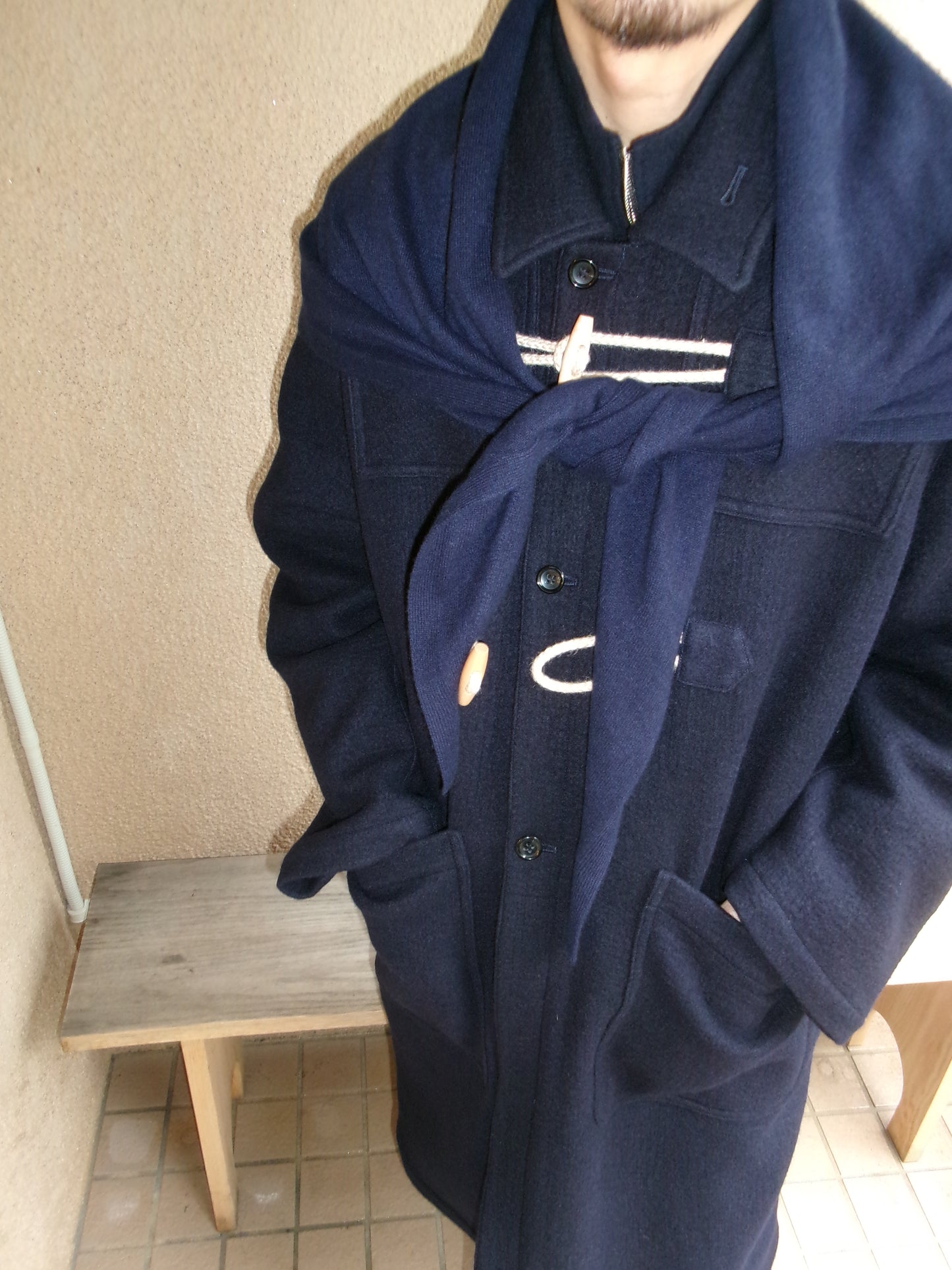 FUJI MELTON WOOL DUFFEL COAT-NAVY-