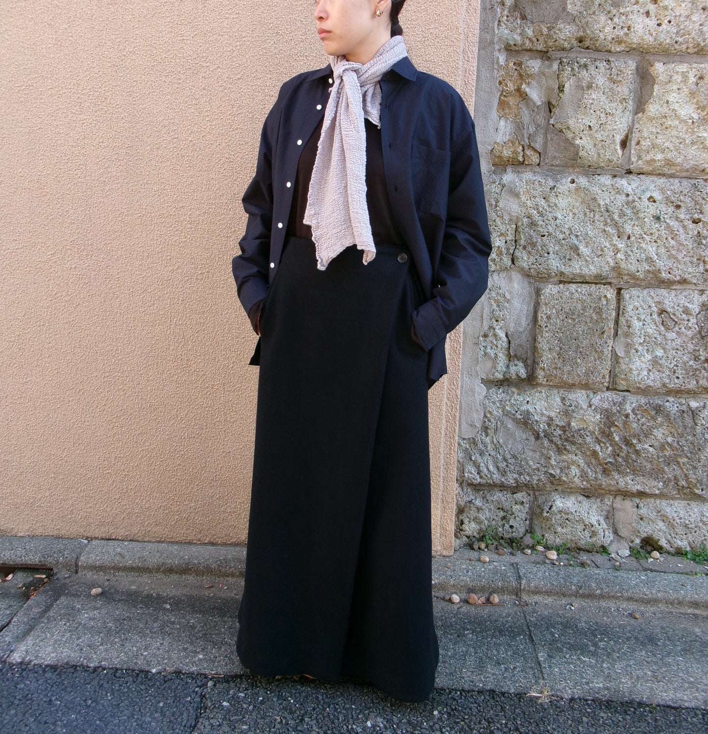 FUJI LAMBSWOOL MELTON LONG SKIRT-NAVY-