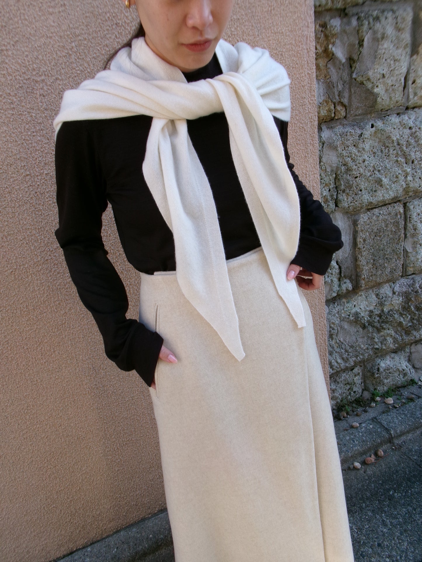 FUJI LAMBSWOOL MELTON LONG SKIRT-IVORY-