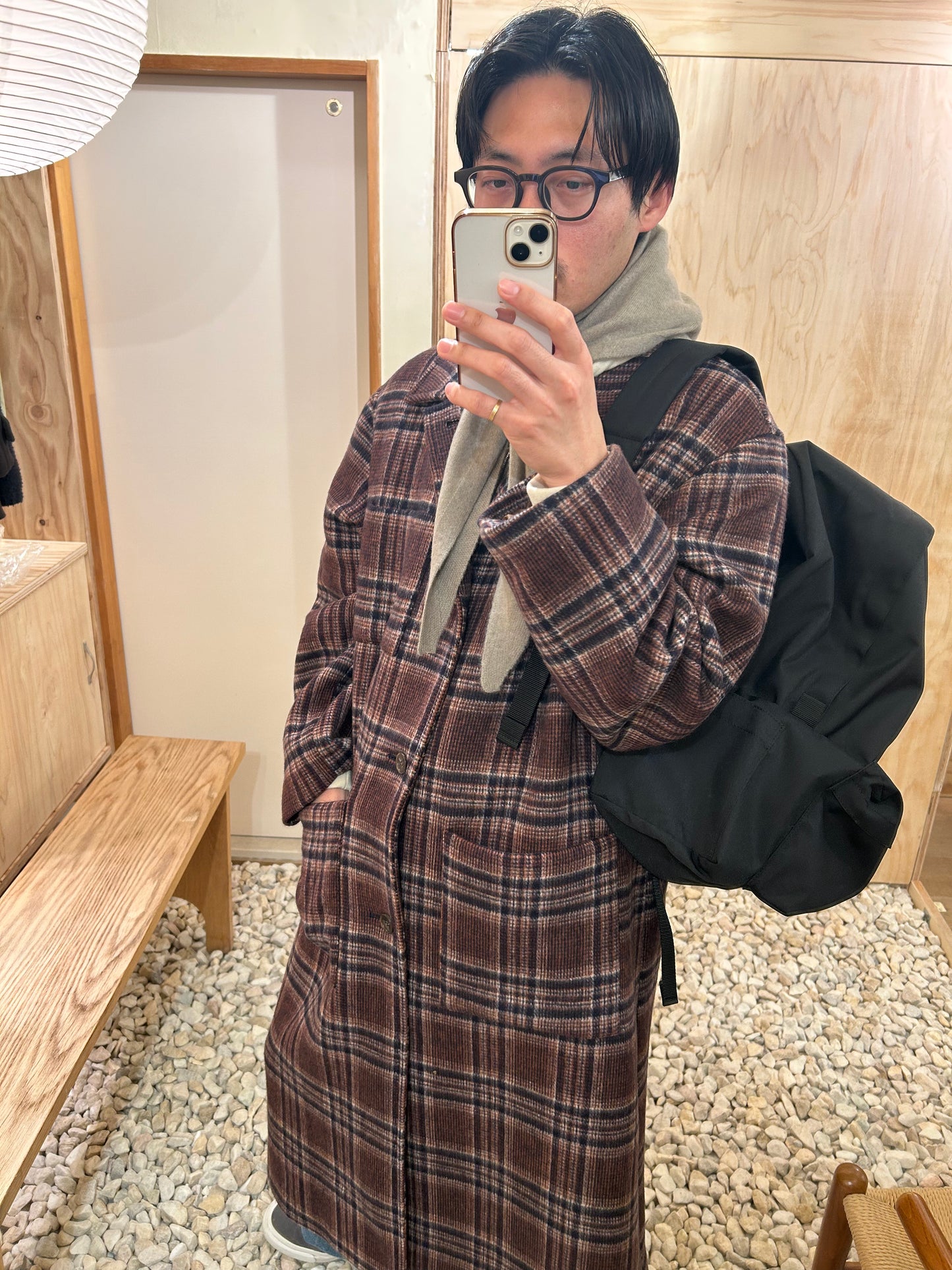 FUJI WOOL CHECK BALMACAAN COAT -Brown Check-
