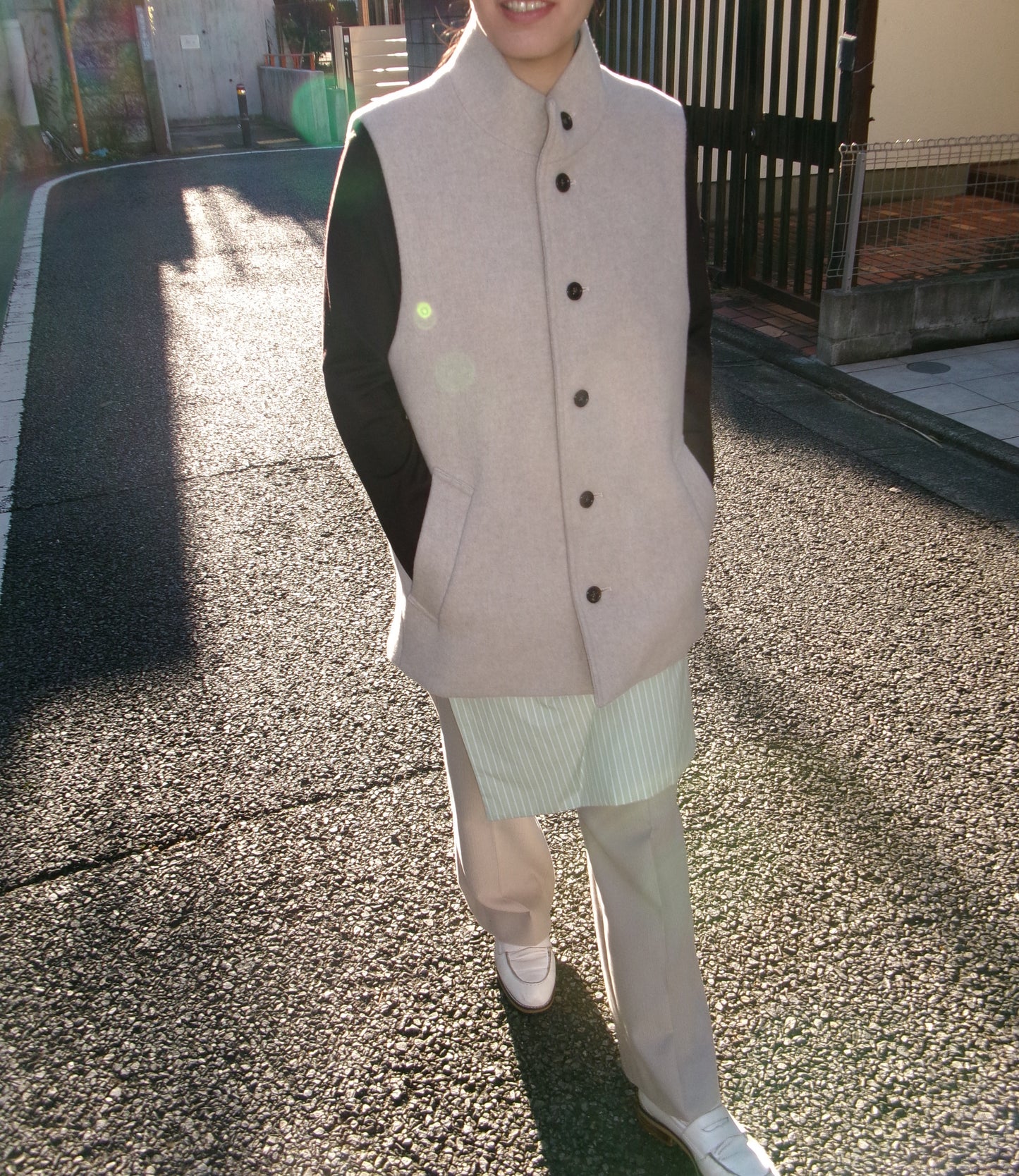 FUJI LAMBSWOOL MELTON STAND COLLAR GILET(OFF WHITE)-femme-