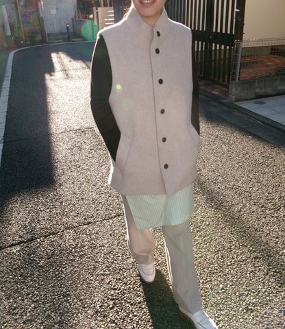 FUJI LAMBSWOOL MELTON STAND COLLAR GILET(OFF WHITE)-femme-