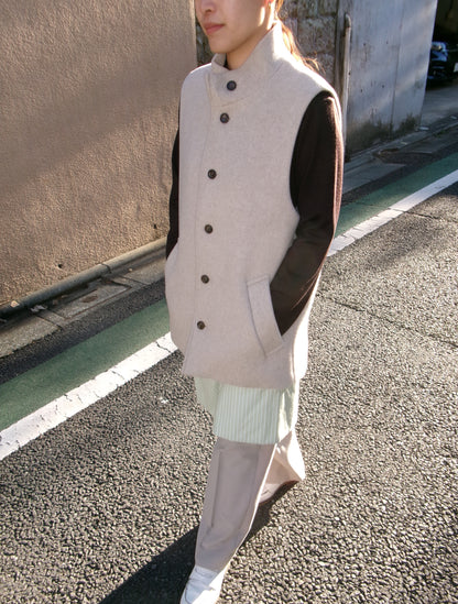FUJI LAMBSWOOL MELTON STAND COLLAR GILET(OFF WHITE)-femme-