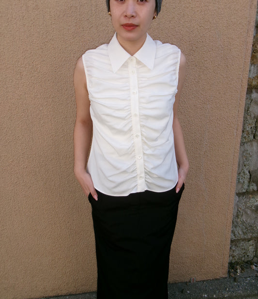Ernie Palo Silk Nidom Sleeveless Gather Shirt -White-