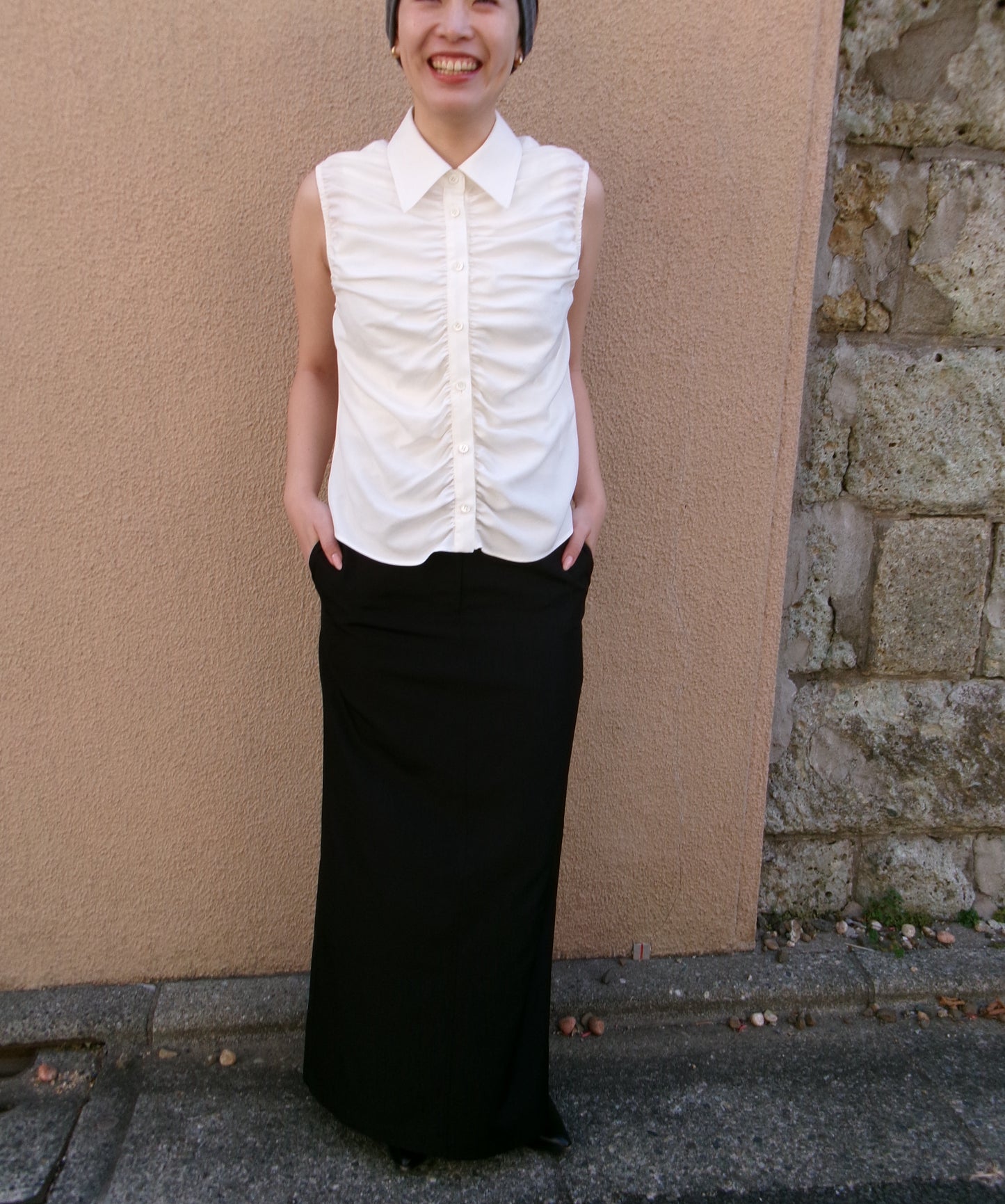 Ernie Palo Silk Nidom Sleeveless Gather Shirt -White-