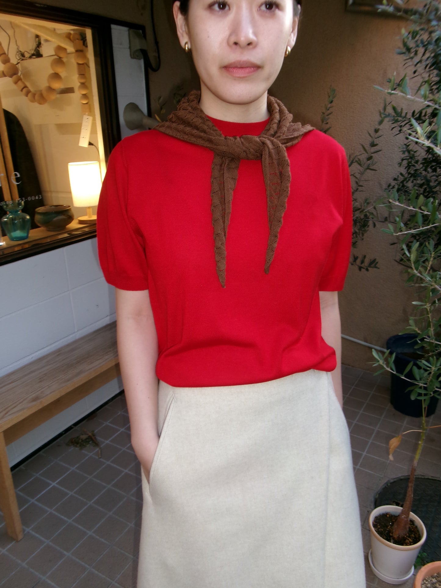 Ernie Palo Open Work Knit Scarf -Brown-