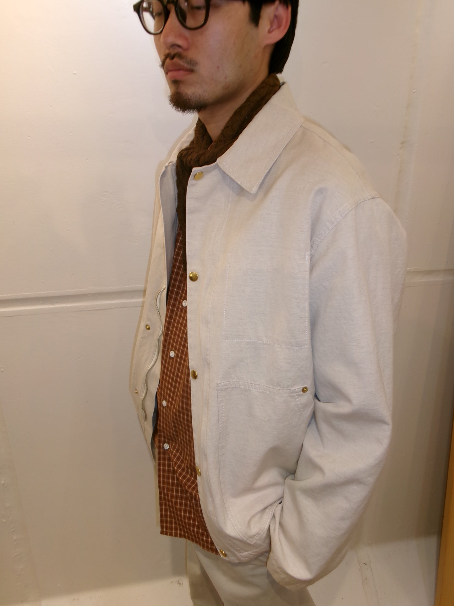 Ernie Palo Cotton Linen Canvas Work Blouson -Ivory-