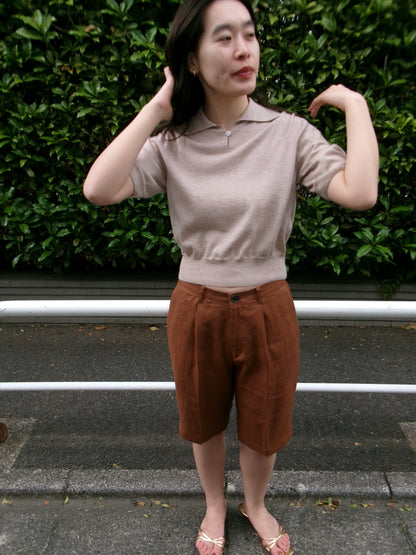FUJI LINEN ONE TUCK SHORTS -Brown- Women
