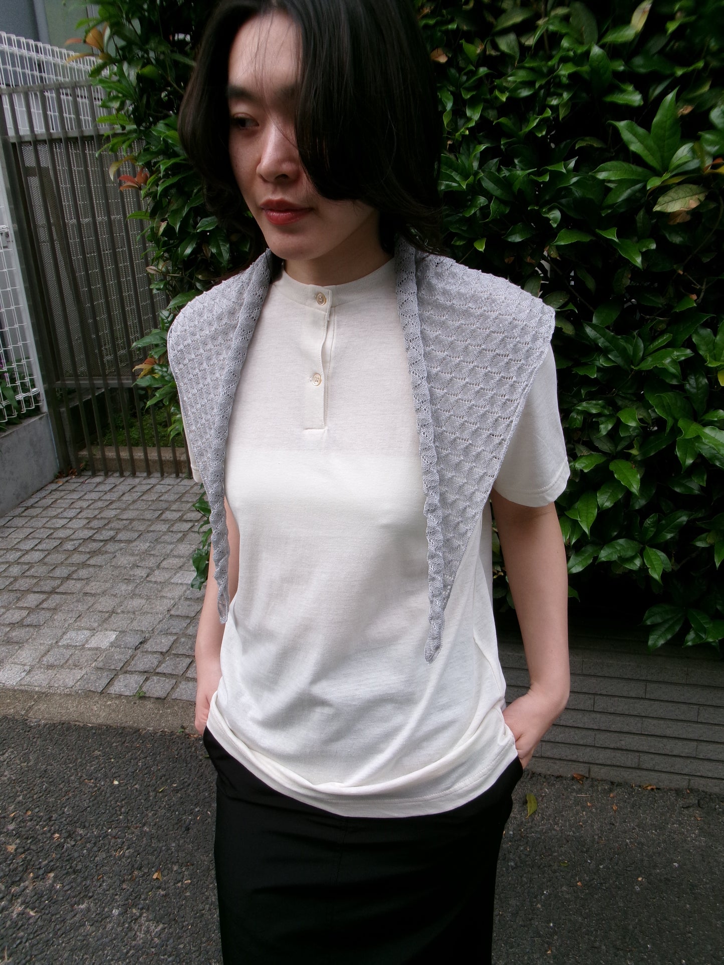 FUJI Cotton Henry Neck S/S T-shirt -Ivory-