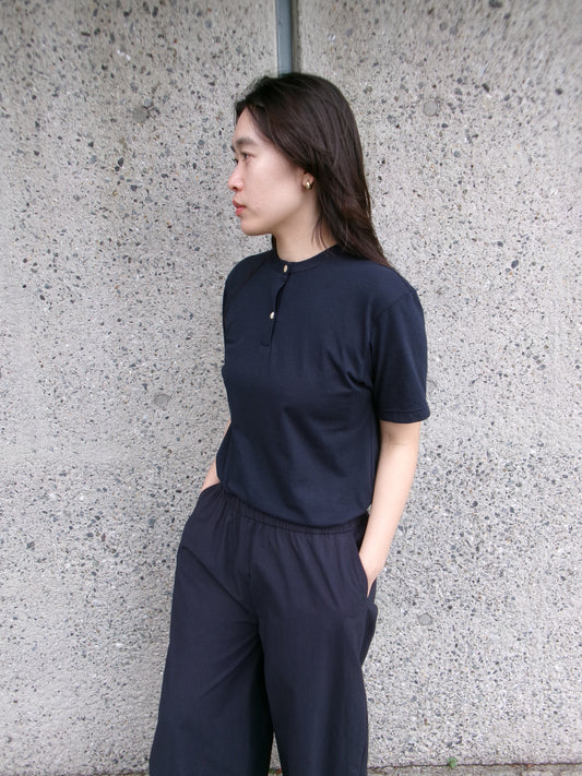 FUJI Cotton Henry Neck S/S T-shirt -Navy-