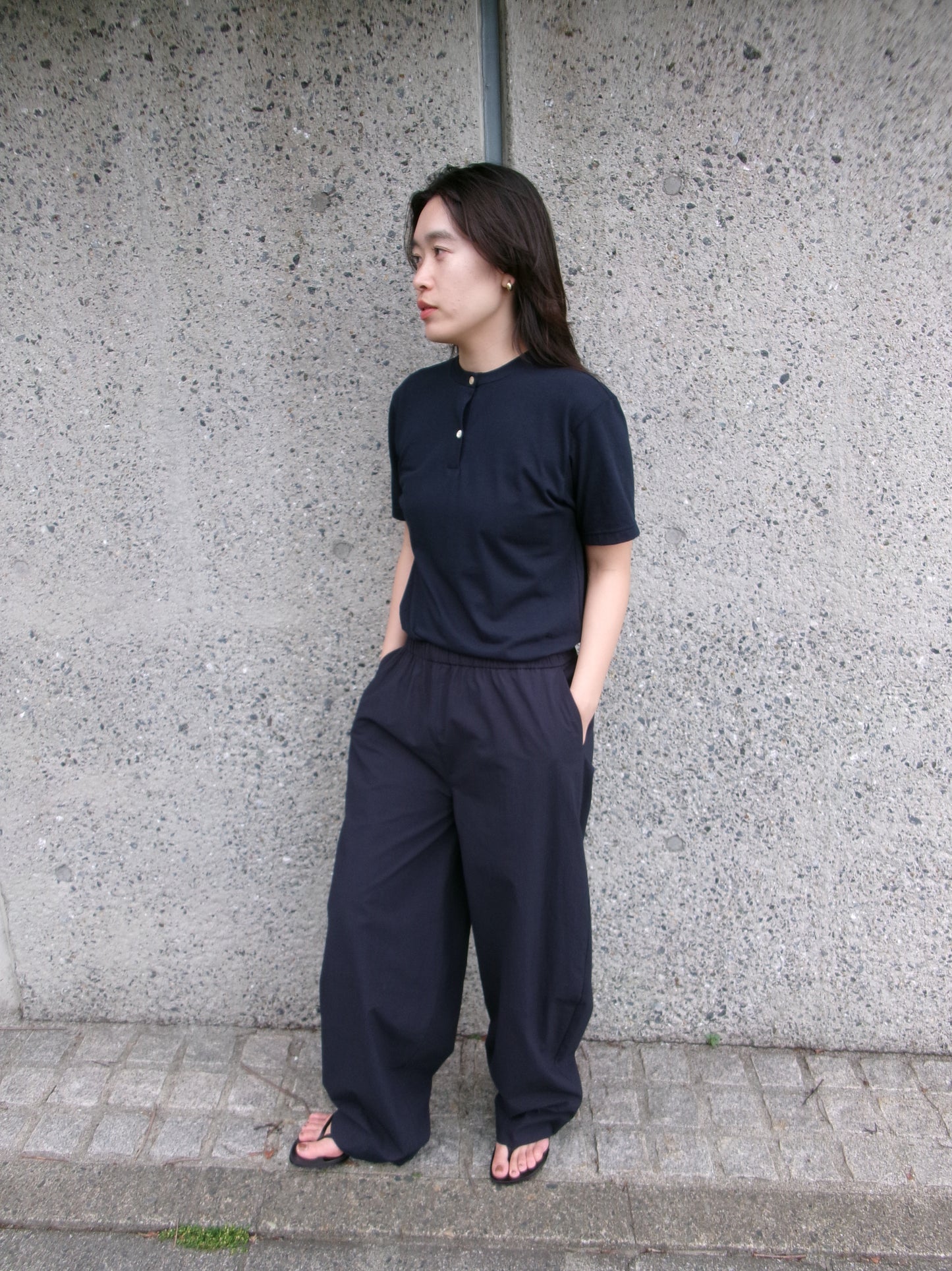 FUJI Cotton Henry Neck S/S T-shirt -Navy-