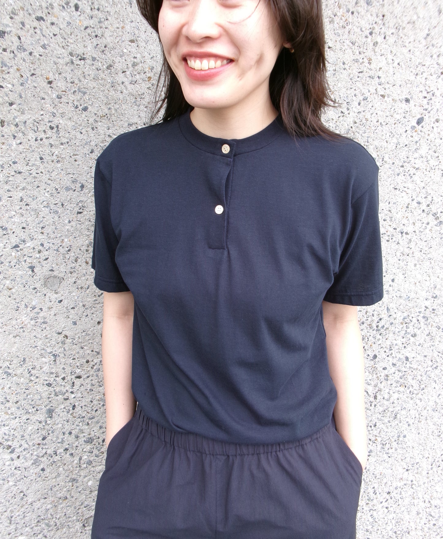 FUJI Cotton Henry Neck S/S T-shirt -Navy-
