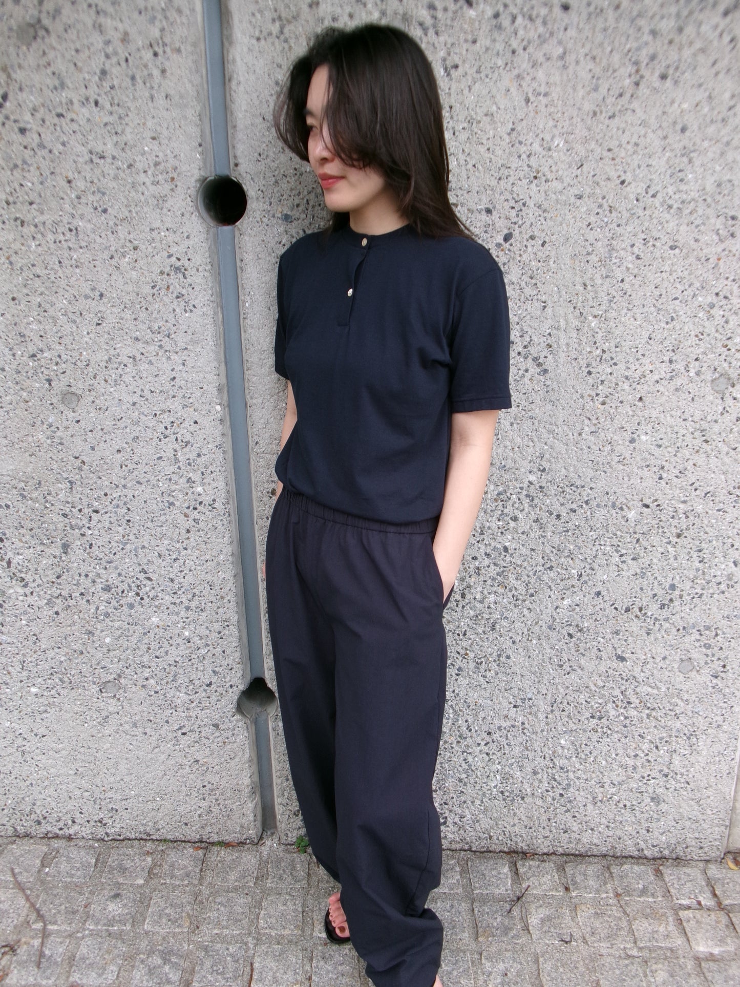 FUJI Cotton Henry Neck S/S T-shirt -Navy-