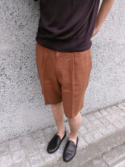 FUJI LINEN ONE TUCK SHORTS -Brown- Men