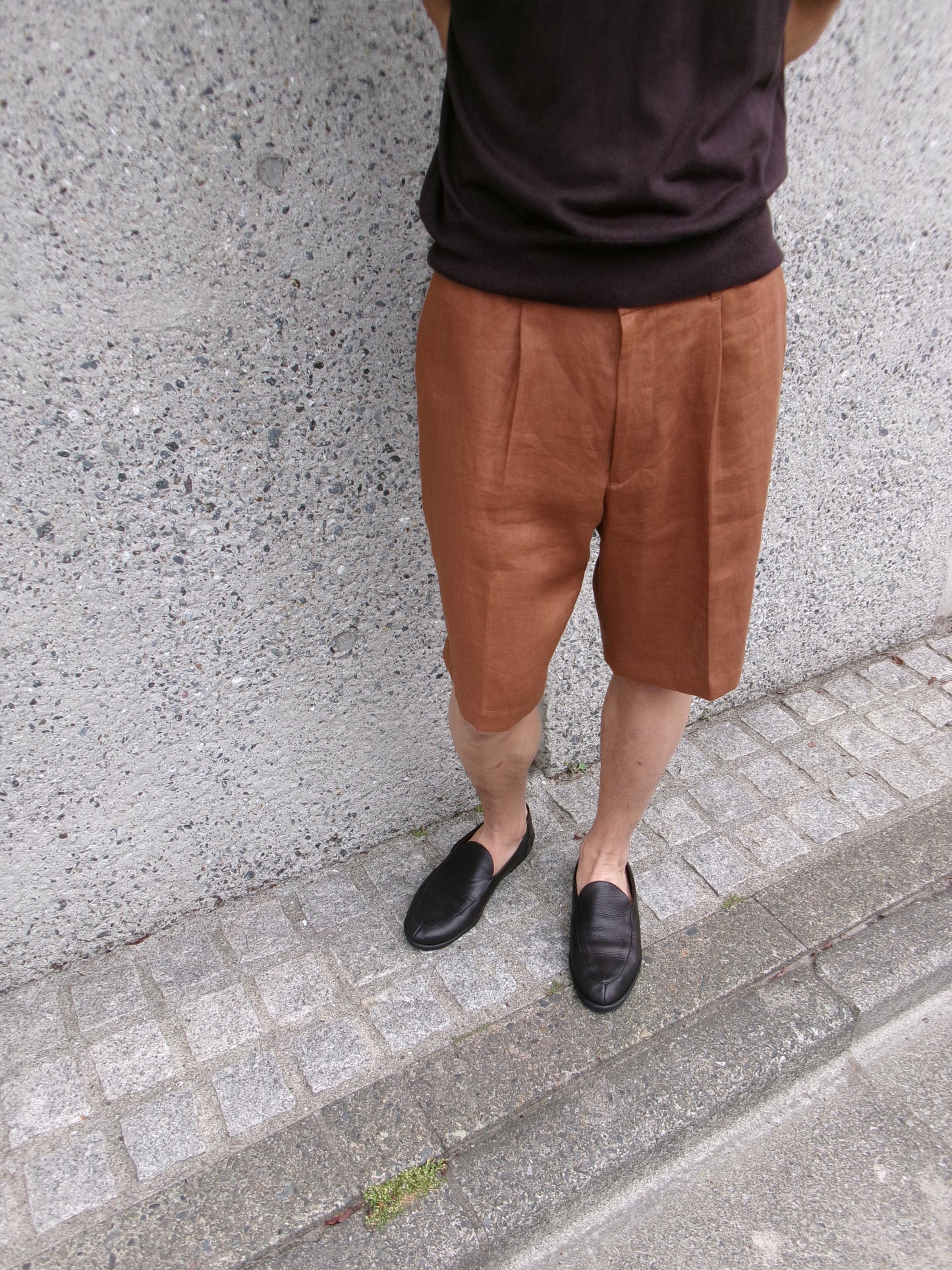 FUJI LINEN ONE TUCK SHORTS -Brown- Men