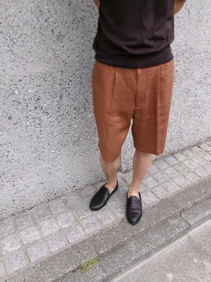 FUJI LINEN ONE TUCK SHORTS -Brown- Men