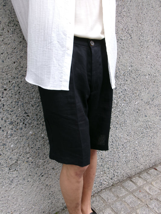 FUJI LINEN ONE TUCK SHORTS -Black- Men