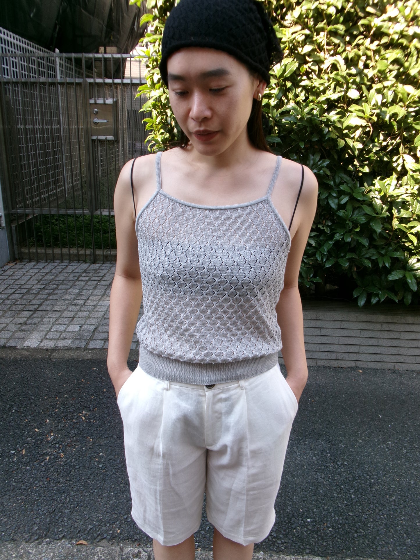 Ernie Palo Open Work Knit Camisole -Gray-