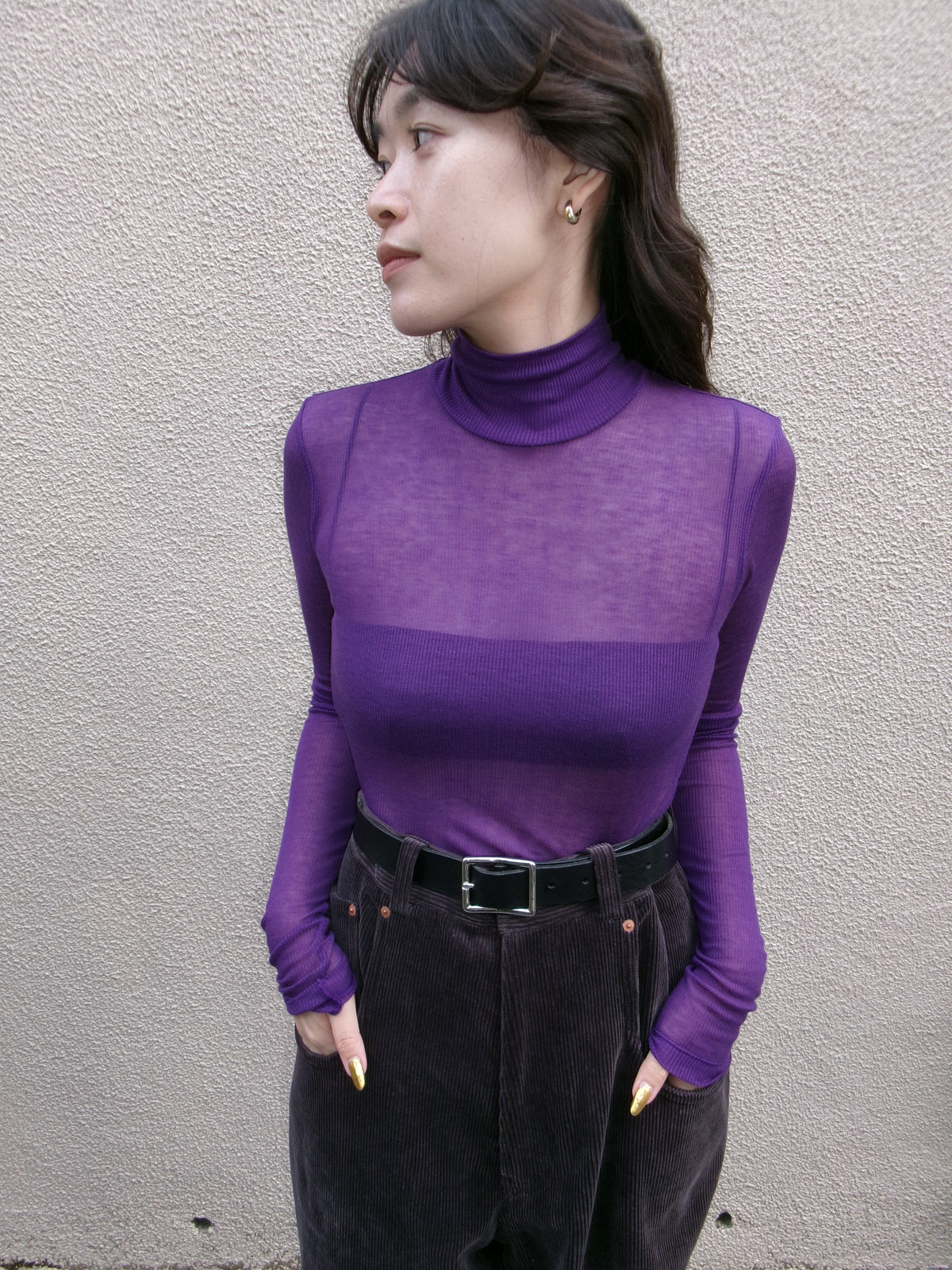 Ernie Palo SHEER RIB TURTLE NECK L/S T-SHIRT -Purple-