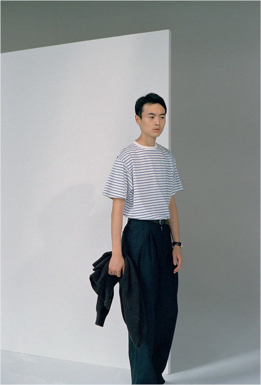 FUJI SUPIMA COTTON BORDER S/S T-SHIRTS -Navy-