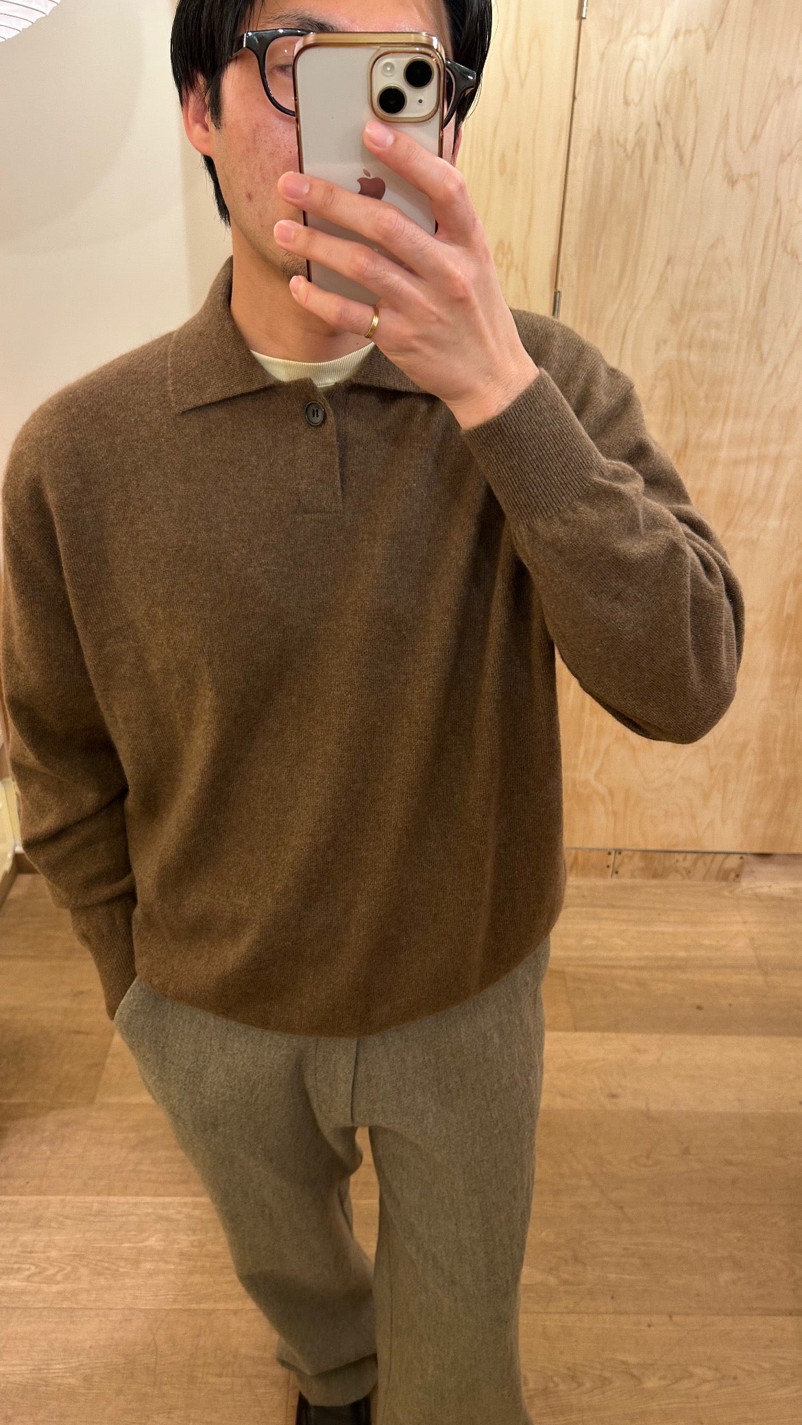FUJI CASHMERE KNIT POLO -Brown-