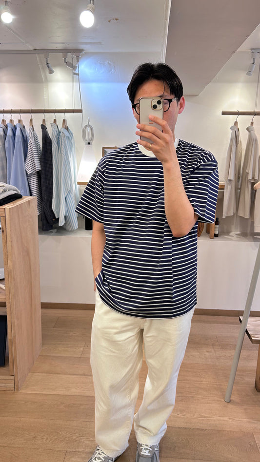 FUJI SUPIMA COTTON BORDER S/S T-SHIRTS -Navy-
