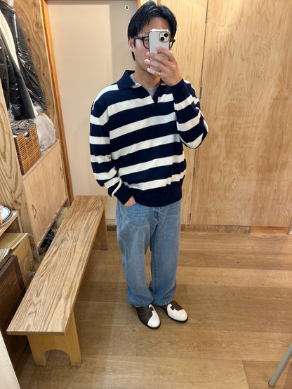 FUJI CASHMERE BORDER SKIPPER KNIT -Navy-