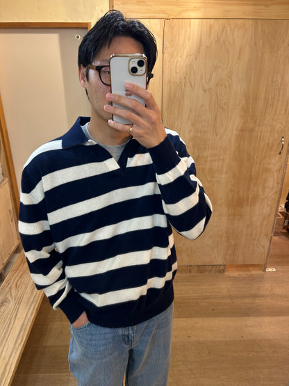 FUJI CASHMERE BORDER SKIPPER KNIT -Navy-
