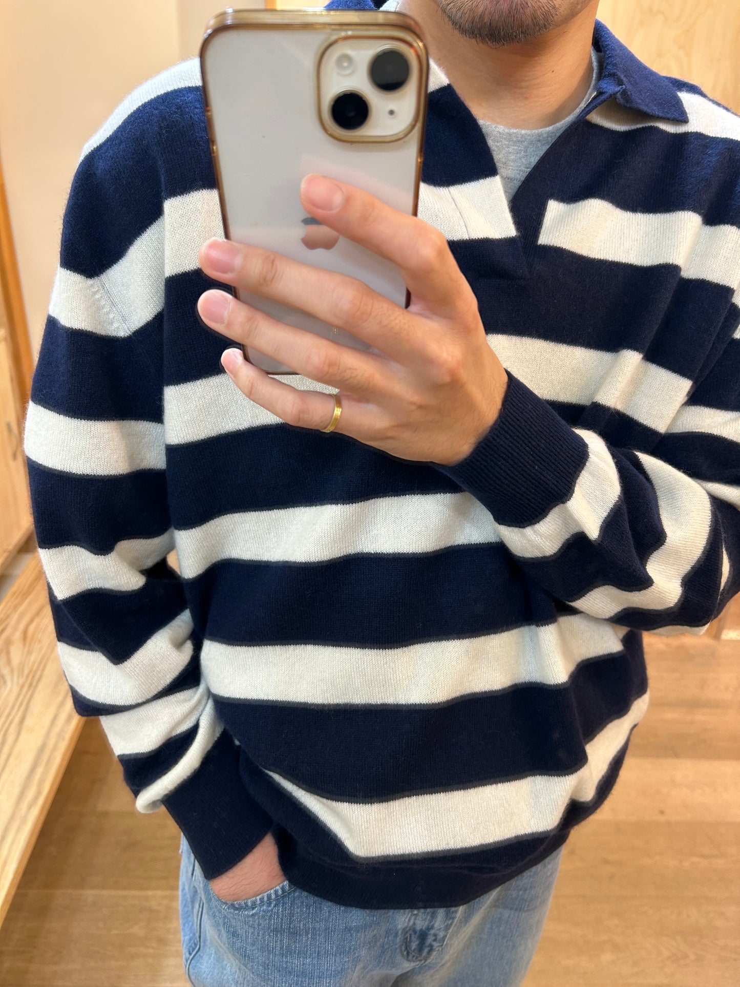 FUJI CASHMERE BORDER SKIPPER KNIT -Navy-