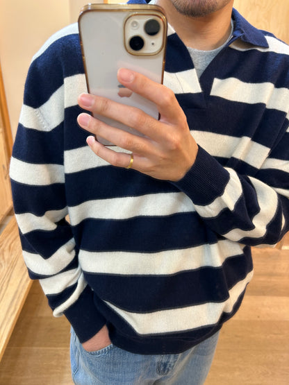 FUJI CASHMERE BORDER SKIPPER KNIT -Navy-