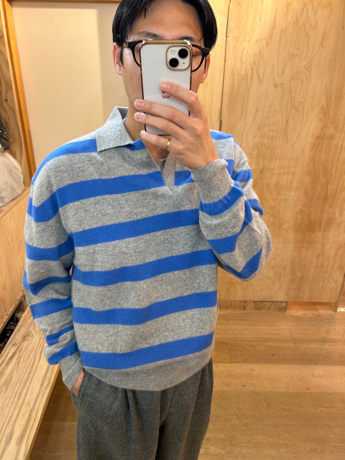 FUJI CASHMERE BORDER SKIPPER KNIT -Gray-