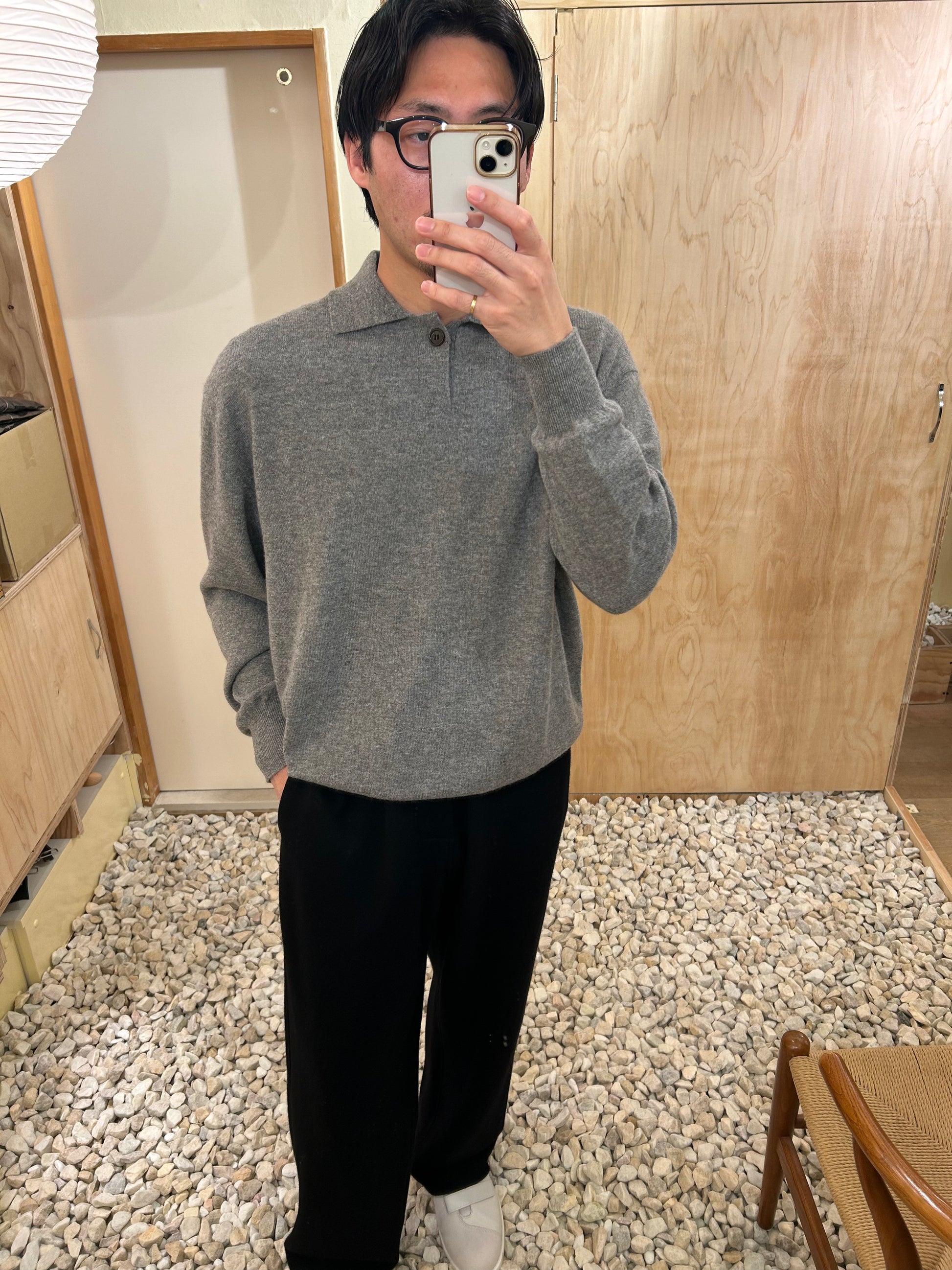 FUJI CASHMERE KNIT POLO -Gray-
