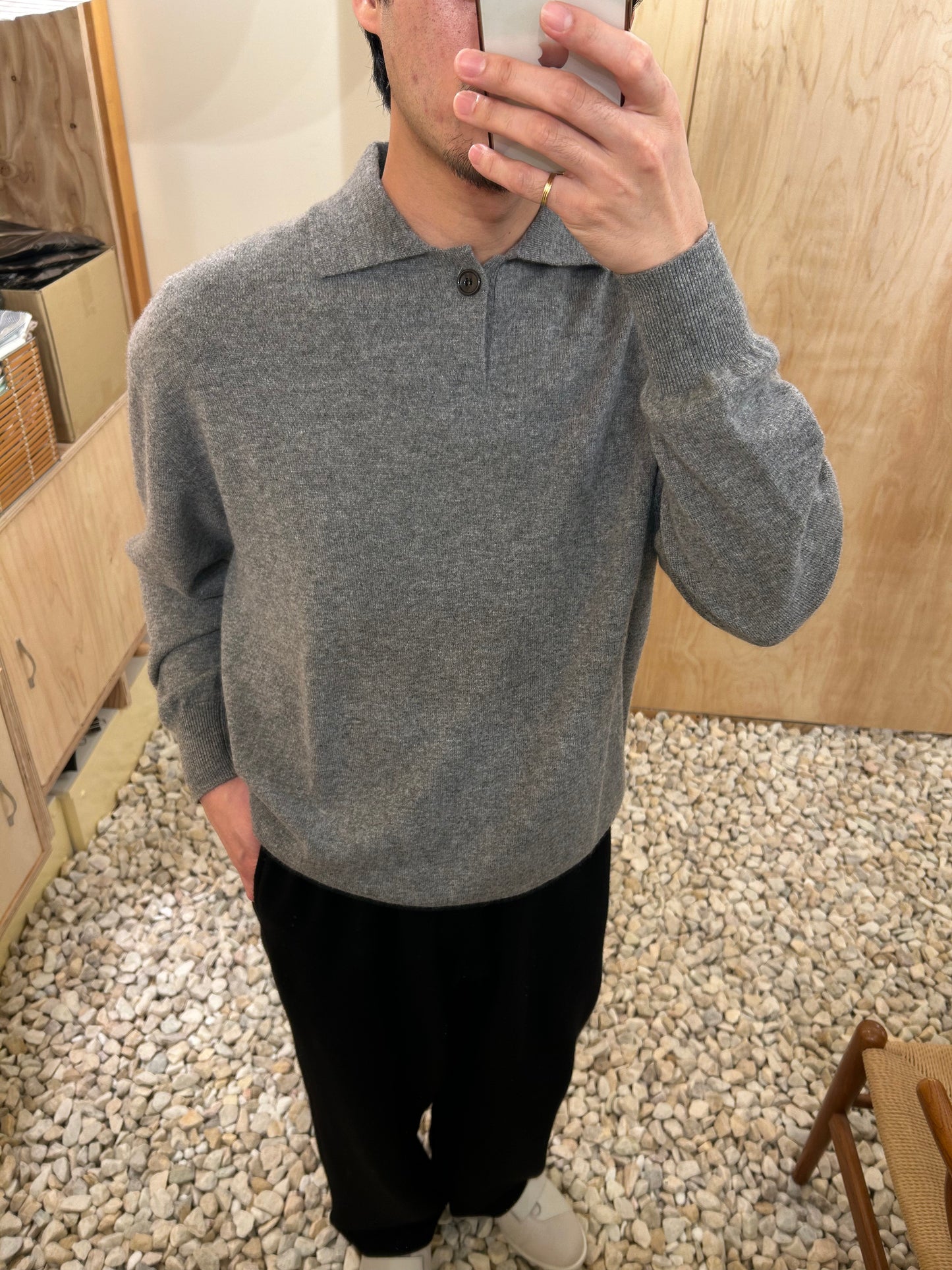 FUJI CASHMERE KNIT POLO -Gray-