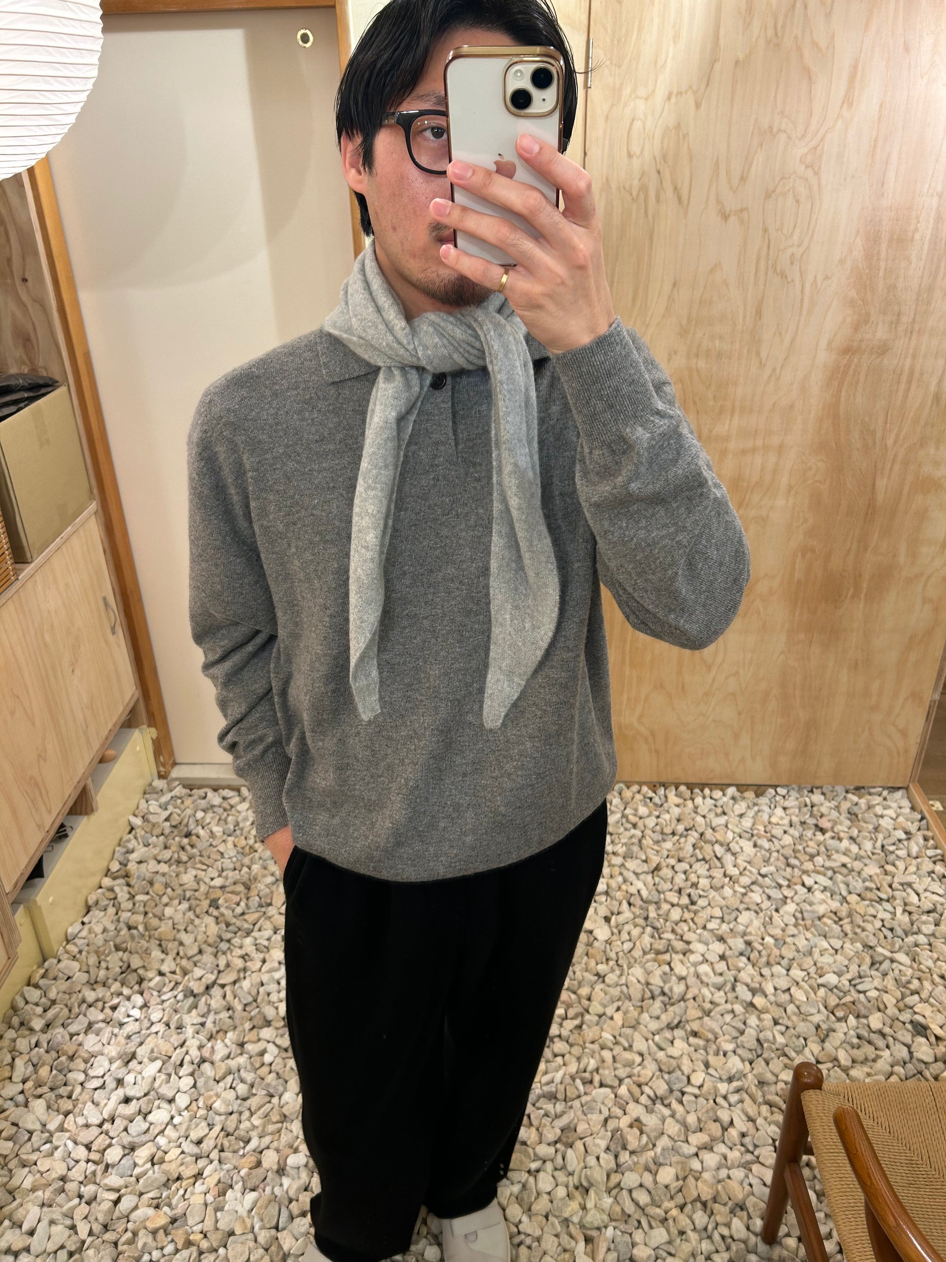 FUJI CASHMERE KNIT POLO -Gray-