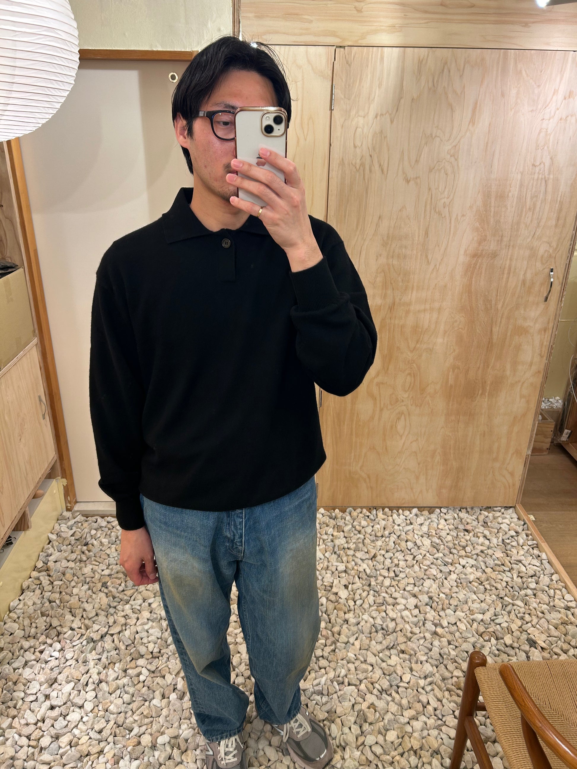 FUJI CASHMERE KNIT POLO -Black-