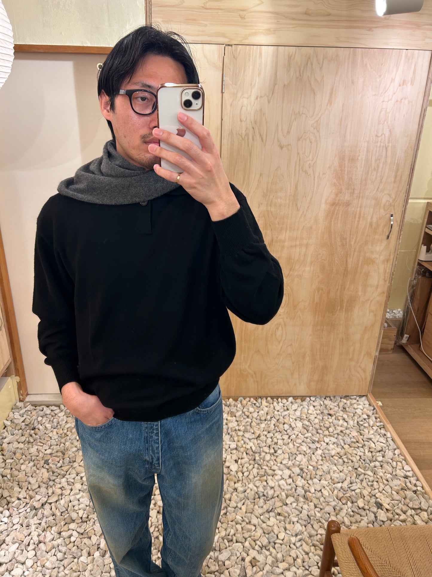 FUJI CASHMERE KNIT POLO -Black-