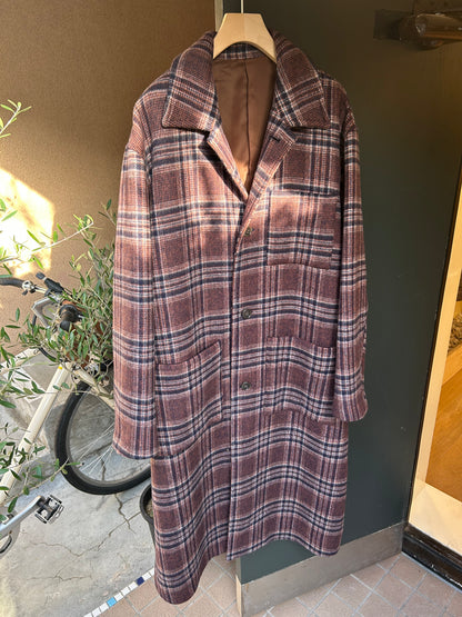 FUJI WOOL CHECK BALMACAAN COAT -Brown Check-