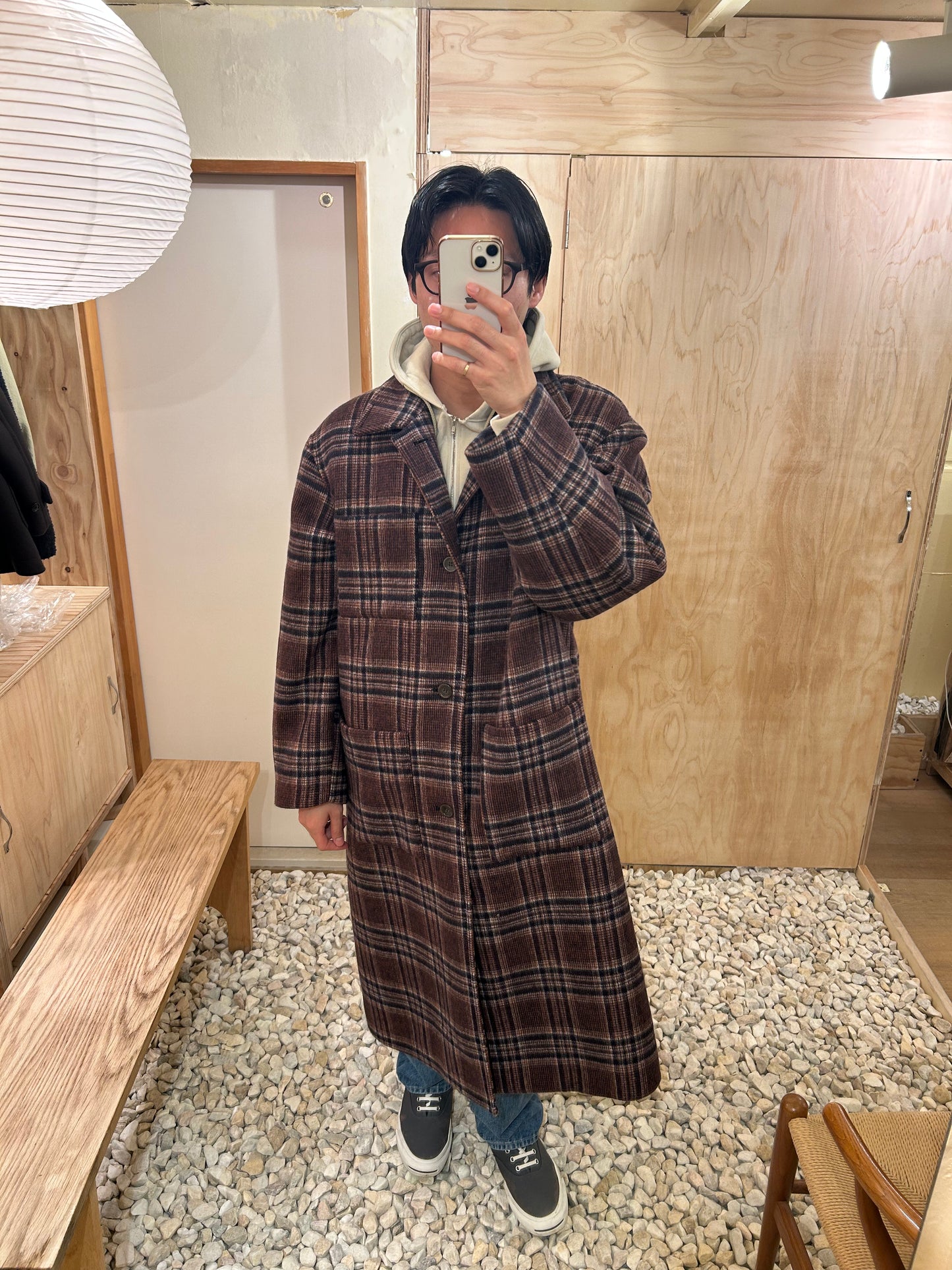 FUJI WOOL CHECK BALMACAAN COAT -Brown Check-