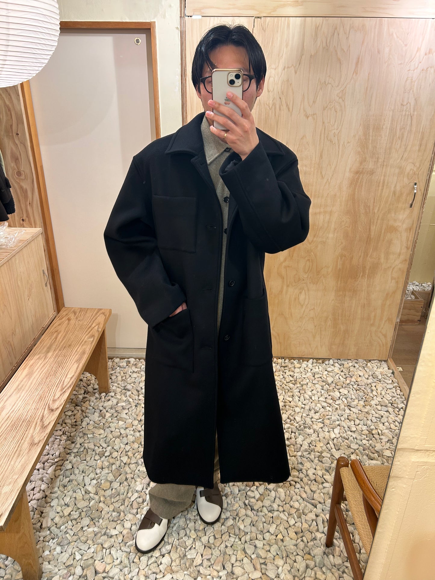 FUJI WOOL CASHMERE BALMACAAN COAT -Black-