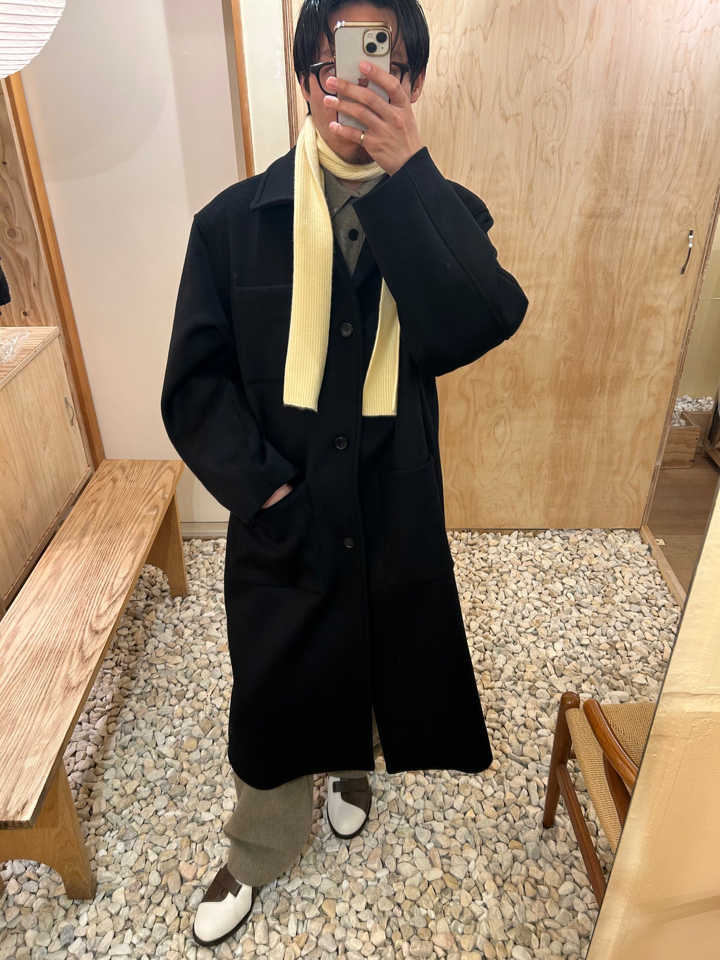 FUJI WOOL CASHMERE BALMACAAN COAT -Black-