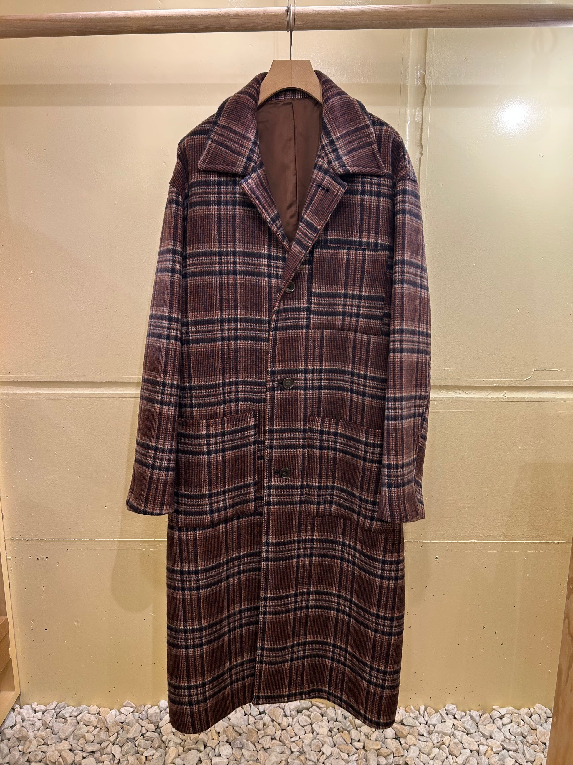FUJI WOOL CHECK BALMACAAN COAT -Brown Check-