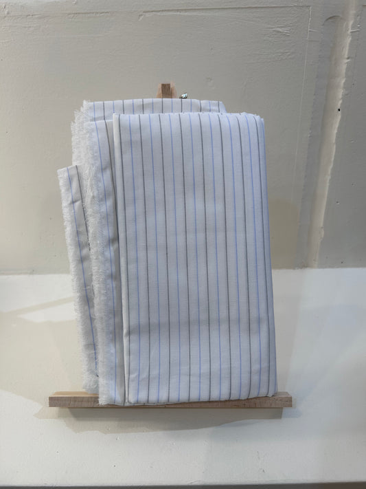 White Base Blue / Grey Pinstripe Fabric