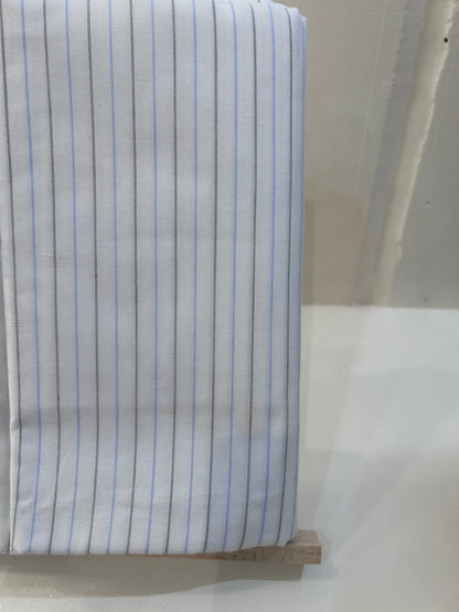 White Base Blue / Grey Pinstripe Fabric