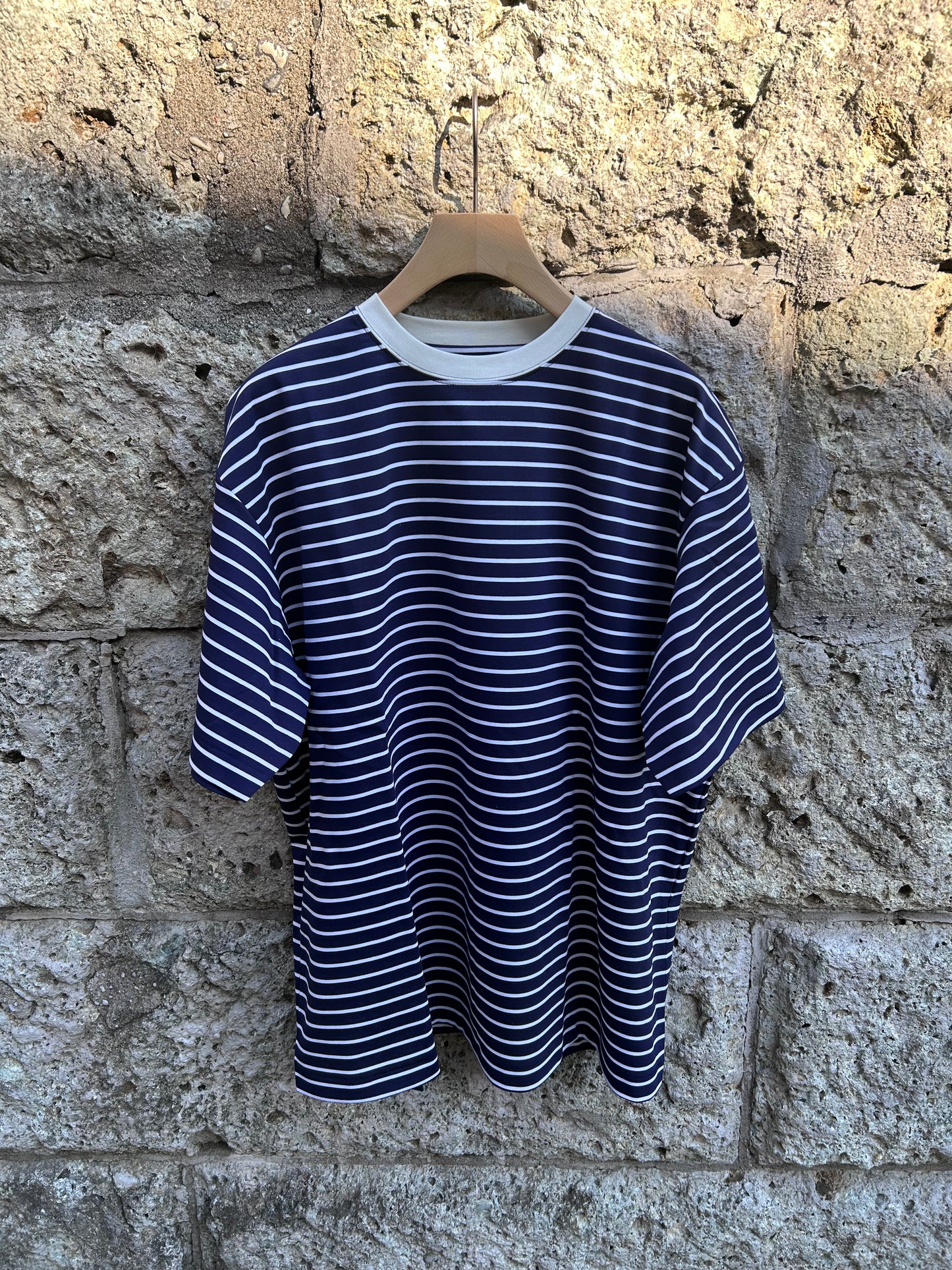 FUJI SUPIMA COTTON BORDER S/S T-SHIRTS -Navy-