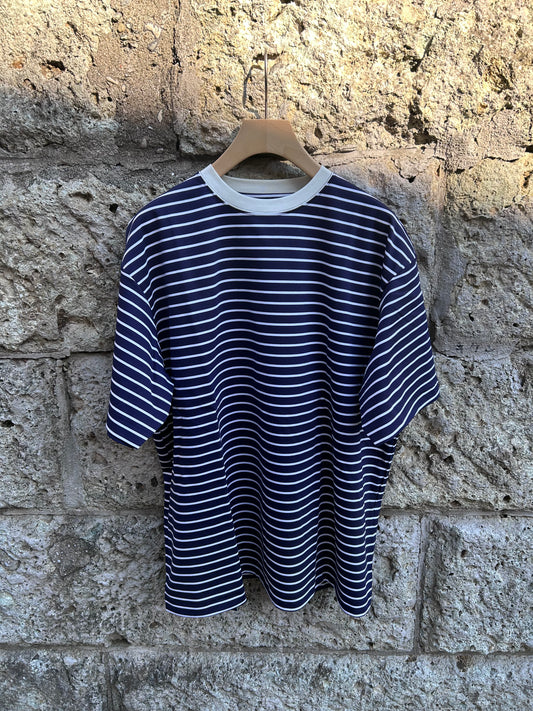 FUJI SUPIMA COTTON BORDER S/S T-SHIRTS -Navy-