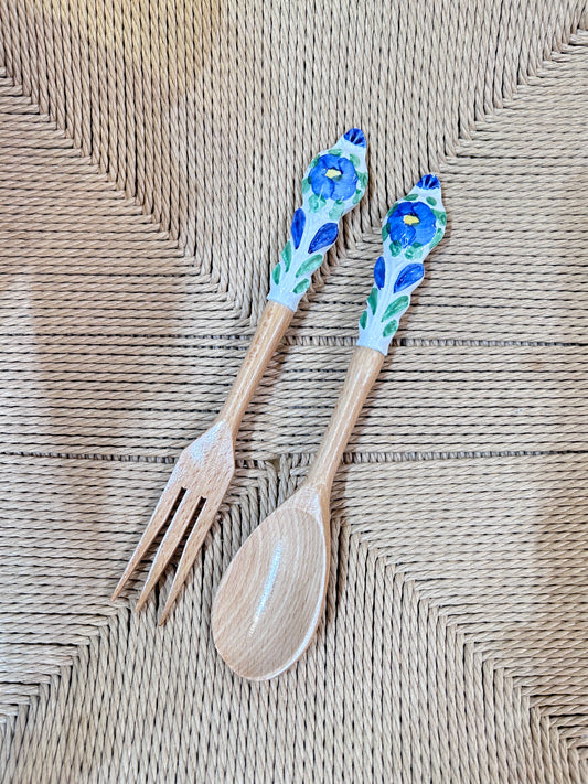 flower wood cutlery (blue flower)